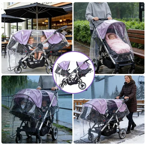 Vista 4 de Funda de lluvia doble para cochecito, protector universal contra la intemperie para cochecitos gemelos en tándem, impermeable, resistente al viento