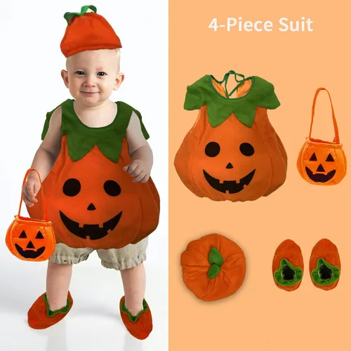 Vista 4 de Naisidas Disfraz de calabaza de Halloween para bebé, niña y niño, lindo disfraz de fiesta de calabaza con sombrero de calabaza