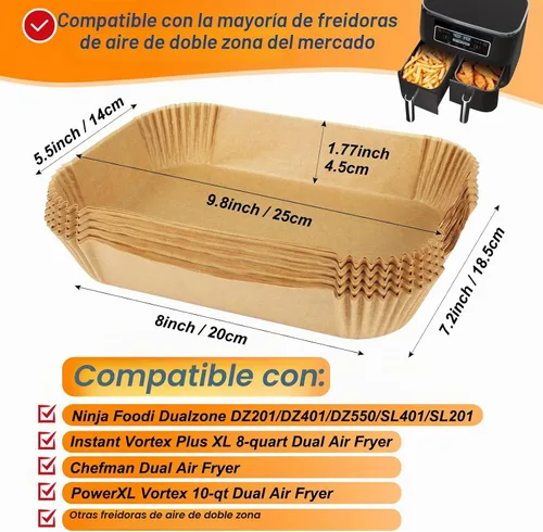 Vista 3 de BYKITCHEN Forros de papel desechables para freidora de aire Ninja Dual Airfryer, 100 PCS hojas de papel pergamino rectangulares para freidora