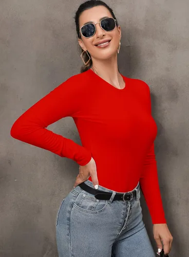 Vista 3 de MANGDIUP Bodysuit for Women Round Neck Long Sleeve Stretch Tops Jumpsuit