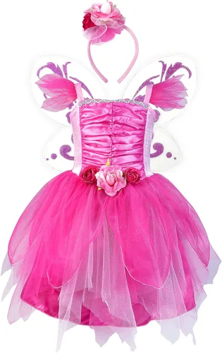 Vista 7 de DJDLPARTY Vestido de disfraz de hada para niñas, vestido verde de princesa, vestido de tutú con diadema y alas Azul