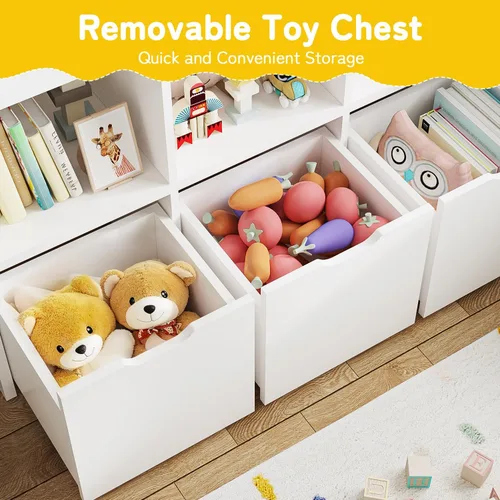 Vista 7 de Teckid Estantería para niños y almacenamiento de juguetes, organizador de juguetes con 3 contenedores móviles y 5 cubos abiertos, almacenamiento