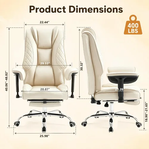 Vista 2 de Big and Tall Office Chair and High Back with Heavy Duty Wide Executive Office Chair with Foot Rest, Adjustable Armrests (Beige)