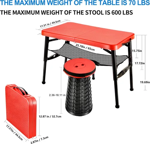 Vista 2 de KPR Juego de mesa plegable y taburete retráctil, mesa plegable portátil para camping, ligera pero más resistente, con taburete ajustable para picnic