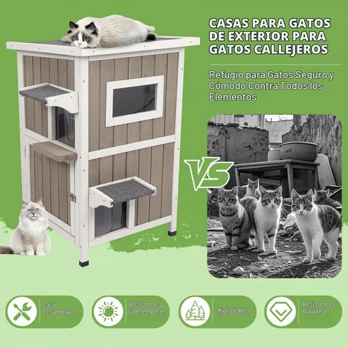 Vista 6 de Casa para Gatos de Exterior Resistente a la Intemperie, Refugio de Casa para Gatos Ferales de Madera de Dos Pisos con 2 Puertas de Escape