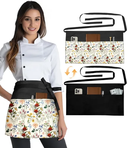 Vista 8 de Slohif Delantal Reversible de Servidor con 6 Bolsillos - Delantal de Cintura para Camarera Mujeres Delantal Corto de Media Porción Camarero