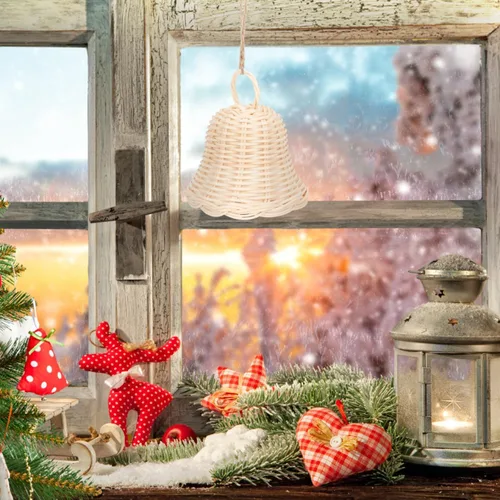 Vista 2 de 5 unids tejido ratán campana forma ornamento hecho a mano paja campana colgante colgante para decoración de fiesta de Navidad foto Prop