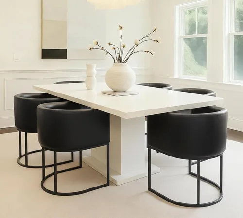 Vista 5 de HNY Silla de comedor moderna de mediados de siglo tapizada en forma de barril, negra, con brazos, silla de cocina y comedor de cuero, silla auxiliar