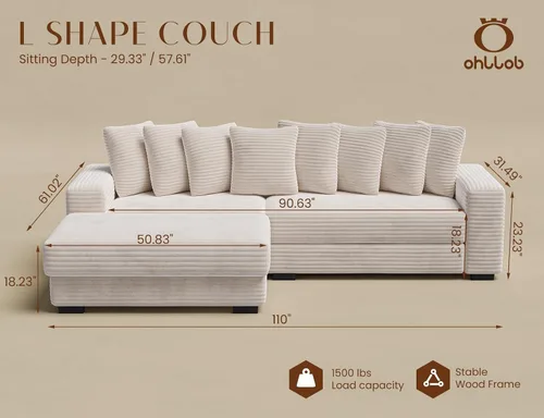 Vista 2 de ohllob Sofá Seccional Modular de 110", Sofá en Forma de L con Chaise Lounge, Sofá Nube de Pana Esponjosa con Asiento Profundo para Sala de Estar