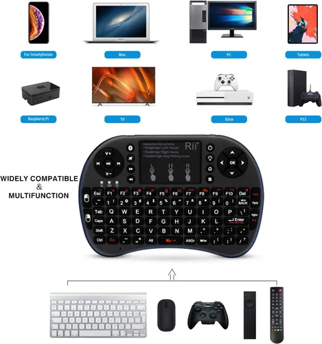 Vista 7 de Teclado táctil Rii i8+ miniatura, inalámbrico 2.4G luz de fondo con ratón para PC/Mac/Android, dorado Negro