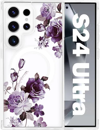 Vista 37 de Funda magnética para Samsung Galaxy S22 Ultra Flower, compatible con MagSafe, patrón floral transparente a prueba de golpes, parte trasera