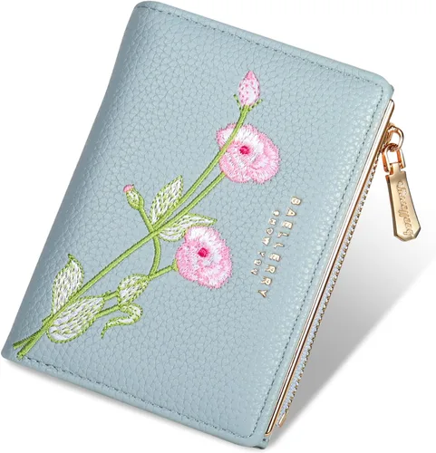 Vista 10 de Billetera pequeña para mujer, doble bordado, con flores, bloqueo RFID, piel sintética, con bolsillo con cremallera para mujeres y niñas (negro)