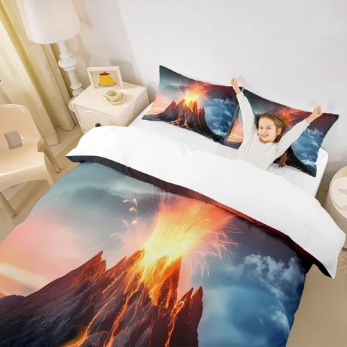 Vista 4 de Feelyou Juego de funda de edredón volcánica de erupción volcánica, funda de edredón de montaña de fuego para niños, niñas, mujeres, hombres
