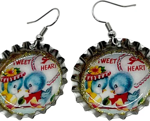 Vista 2 de Vintage Valentine Birds, Bottle Cap Earrings, Retro Jewelry