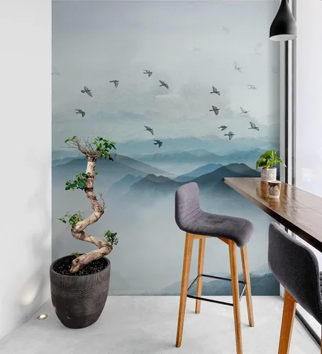 Vista 6 de Papel tapiz para guardería. Papel tapiz de pájaros que vuelan sobre la montaña. Papel tapiz removible, pintura de acuarela de vista de montaña.