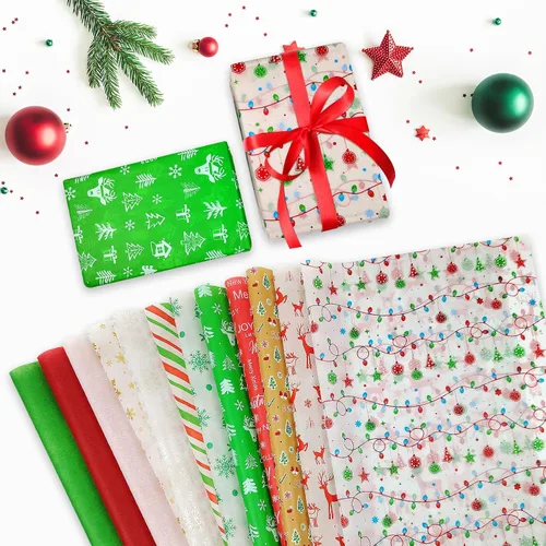 Vista 5 de AORZIT 120 hojas de papel de seda de Navidad, 12 diseños de papel de regalo con patrón de Navidad para bolsas de regalo, botellas de vino Navidad 90C