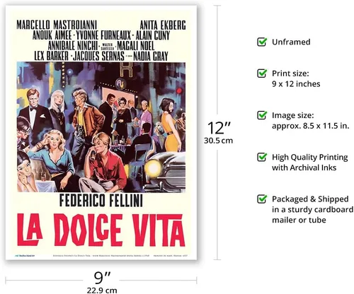 Vista 2 de La Dolce Vita de Federico Fellini con Marcello Mastroianni Anita Ekberg - Póster vintage de película italiana por Sandro Simeoni c.1960 - Impresión