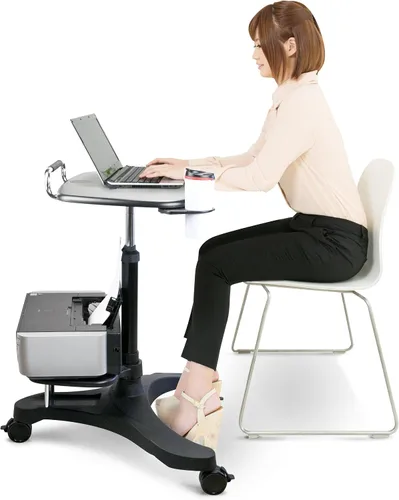Vista 4 de Aidata Estación de trabajo ergonómica para portátil con estante para impresora, con portavasos y alfombrilla para mouse integrados, color negro