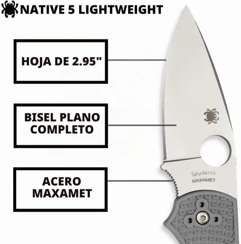 Vista 3 de Spyderco Native 5 Maxamet - Cuchillo de bolsillo plegable ligero, borde Gris