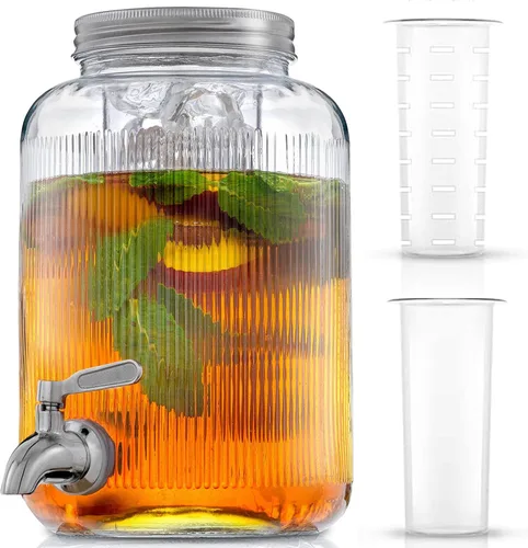 Vista 10 de Dispensador de bebidas de 1 galón. Dispensador de bebidas de vidrio con espita de acero inoxidable más cilindro de hielo e infusor de frutas.