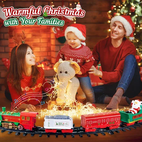 Vista 7 de Juego de Tren de Navidad Colgante - VATOS Juguete de Tren de Navidad 2 en 1 con Luz y Sonido para Niños, Juego de Juguete de Tren Alrededor y Debajo