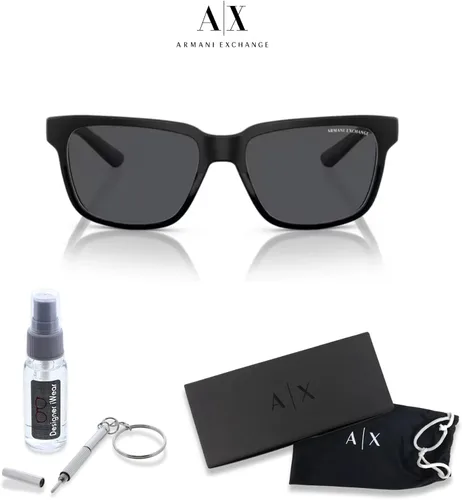Vista 2 de Armani Exchange AX4026S - Gafas de sol cuadradas para hombre y mujer + paquete con kit de lentes de accesorios Negro mate/Negro brillante/Gris Sólido