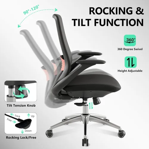 Vista 5 de BV Silla de oficina ergonómica, silla de escritorio ejecutiva con respaldo alto con reposabrazos 2D, soporte lumbar ajustable, silla de computadora