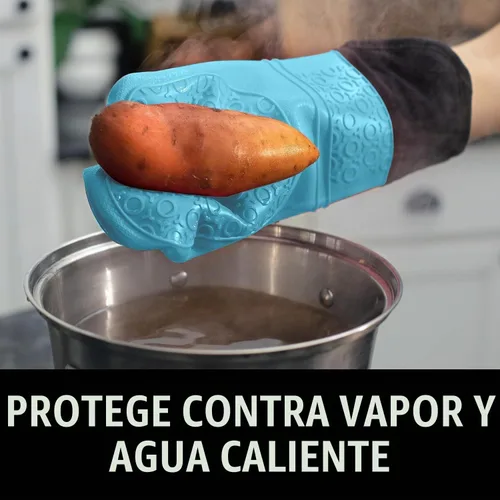 Vista 5 de HOMWE - Manopla de horno profesional y extralarga de silicona, guantes con forro acolchado, agarraderas resistentes al calor, guantes flexibles