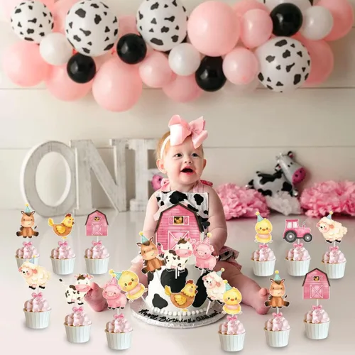 Vista 3 de Decoración de pastel de animales de granja rosa para niñas, temática de animales de granja, fiesta de cumpleaños, decoración de pastel de vaca