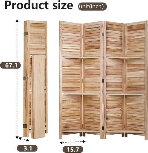 Vista 7 de [Usado] FDW Divisor de habitación de 4 paneles plegable de madera de privacidad con tres estantes inteligentes, divisor de madera portátil