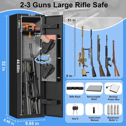 Vista 2 de Caja fuerte para armas de 2 a 3, caja fuerte para rifles y pistolas, gabinetes de armas para rifles y escopetas con alarma doble, cajas fuertes