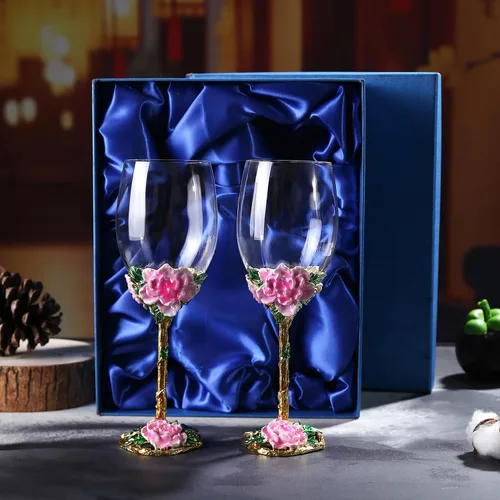 Vista 18 de Simcat Copa de Vino Pintada a Mano de Esmalte Floral Transparente Refinada, Pie para Cabernet, Regalos (Caja de regalo doble azul, 2 Cajas de regalo)