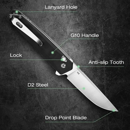 Vista 5 de MOSSY OAK Cuchillo plegable de bolsillo, hoja de 3.5 pulgadas de acero D2 con punta de caída, mango G10, cuchillo pequeño EDC con clip de cinturón