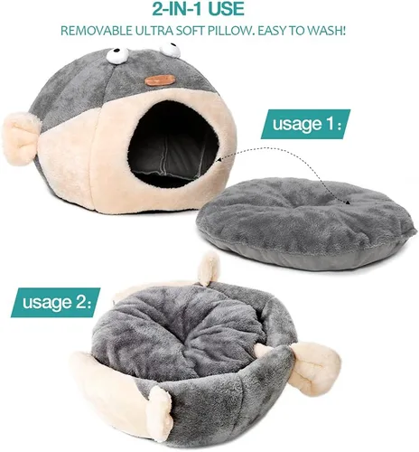 Vista 5 de Camas para gatos de interior – Cueva de cama para gatos con almohada acolchada extraíble lavable, tienda de campaña para gatos súper suave 2 en 1