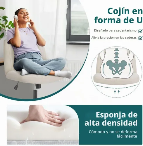 Vista 3 de Silla cruzada con ruedas, asiento ergonómico giratorio sin brazos, cómodo asiento de tocador, respaldo ancho y altura ajustable para hogar, oficina