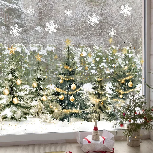 Vista 4 de Whaline 9 hojas de Navidad para ventana, calcomanías para ventana, acuarela, árbol de Navidad, bola de invierno, bosque