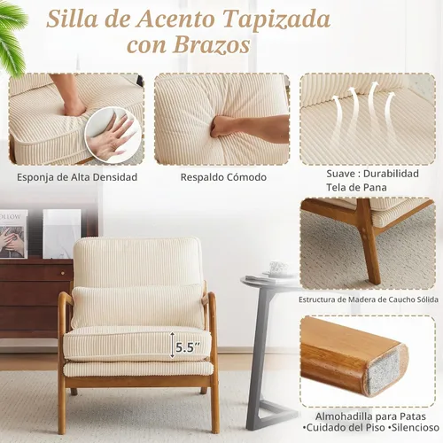 Vista 6 de VINGLI Silla de Acento de Pana Premium Mejorada, Silla con Reposabrazos Tapizada, Cómoda Silla de Lectura de Madera Maciza con Almohada Lumbar