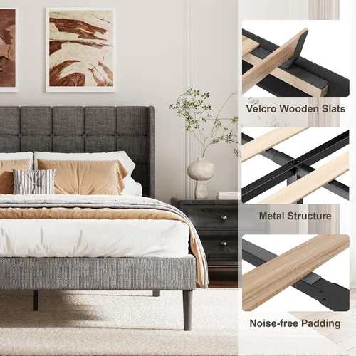 Vista 6 de Base de cama tamaño matrimonial con cabecera con respaldo de ala, base de cama tapizada de lino con cabecera capitoné con botones, soporte