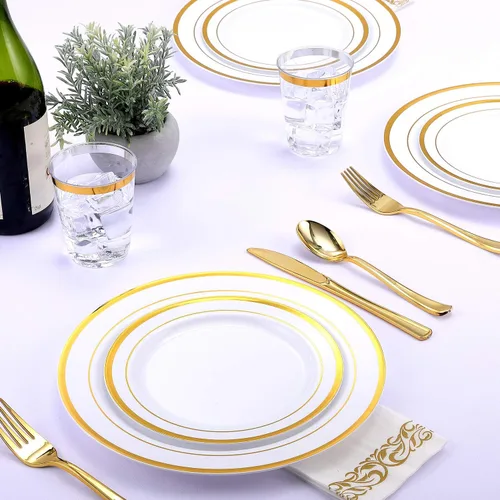 Vista 6 de FOCUSLINE Juego de vajilla dorada de 175 piezas para 25 invitados - Platos desechables de plástico blanco con borde dorado resistente, incluye 25