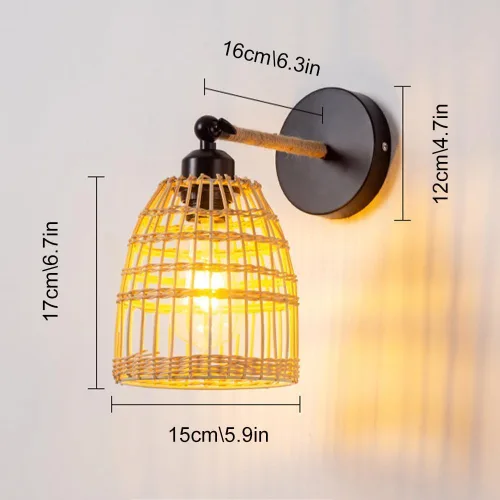Vista 5 de Rattan Wall Sconce Handmade Wicker Wall Lamp Farmhouse Vintage Wall Light Retro Black E26 E27 Base Lighting Fixture for Living Room Bedroom Home