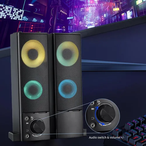 Vista 5 de Altavoces de computadora con cable diseñados para dispositivos de escritorio, sonido claro USB Plug and Play con iluminación RGB Características