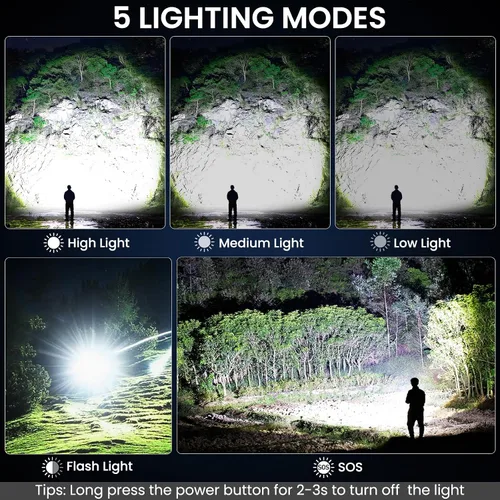 Vista 3 de BEFAMALI Paquete de 4 linternas recargables de alto lúmenes, luz de flash de 99000 lm, linternas LED brillantes ajustables con 5 modos y cable USB