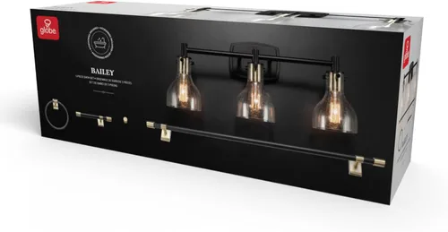 Vista 14 de GLOBE Electric 63000062 - Juego de baño todo en uno de 5 piezas, negro mate y latón, luz de tocador de 3 luces, vidrio sembrado, toallero, soporte