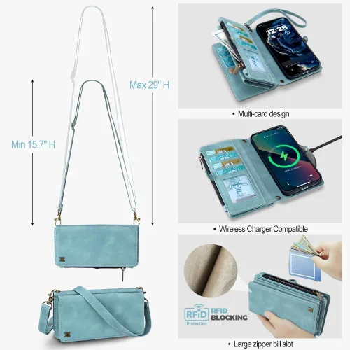Vista 3 de Funda tipo cartera para iPhone 16 Pro Max con 8 tarjeteros, bloqueo RFID, piel sintética, función atril, abatible, correa de muñeca y correa