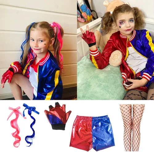 Vista 4 de Conjunto de 7 piezas de disfraz para niña con chaqueta, camiseta, pantalones cortos, guante, peluca, Halloween, jugador de béisbol, cosplay, traje