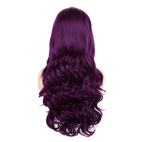 Vista 4 de Pelucas sintéticas de encaje frontal de densidad pesada atadas a mano de 24 pulgadas, color morado