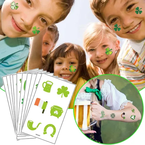 Vista 3 de Tatuajes del día de San Patricio, trébol temporal, tatuajes de trébol temporales, tatuajes de la suerte de trébol impermeable para adultos y niños