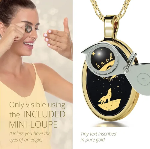 Vista 4 de I Love You to the Moon and Back Necklace Pure Gold Inscribed with Nostalgic Howling Wolf and Stars on Onyx Gemstone Romantic Pendant for Women, 18