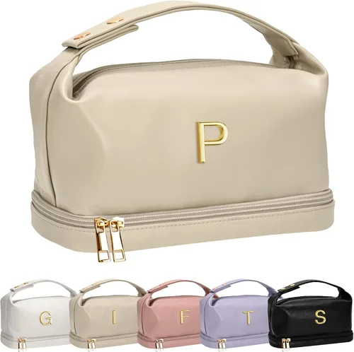 Vista 58 de Bolsa de maquillaje con asa, bolsa de cosméticos impermeable de doble capa, bolsas de maquillaje de cuero PU de gran capacidad con letra, bolsa