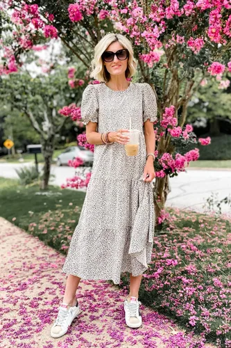 Vista 4 de PRETTYGARDEN Vestido bohemio casual de verano para mujer, con volantes, manga abombada, cintura alta, vestidos de playa por debajo de la rodilla